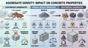 Infographic comparing lightweight, normal-weight, and heavyweight aggregates, showing their density ranges, common materials, applications, and their impact on concrete weight, strength, and performance