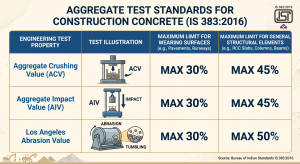 An infographic chart detailing aggregate test standards for construction concrete according to IS 383:2016. It shows maximum permissible limits for Aggregate Crushing Value (ACV), Aggregate Impact Value (AIV), and Los Angeles Abrasion Value across wearing surfaces and general structural elements like RCC slabs, columns, and beams