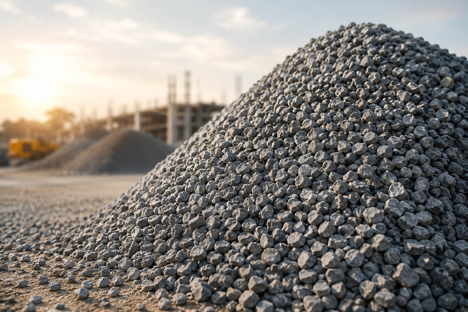 A large pile of high-quality coarse aggregate gravel on a building construction site with a concrete structure and bulldozer blurred in the background during sunset.