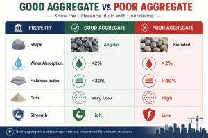 Infographic comparing good and poor construction aggregates showing differences in shape, water absorption, flakiness index, dust content, and strength for quality concrete construction.