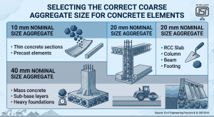 An infographic chart comparing 10 mm, 20 mm, and 40 mm coarse aggregate sizes and their correct usage in different concrete construction elements according to IS 383:2016.