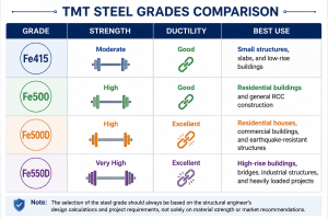 Comparison table of TMT steel grades Fe 415, Fe 500, Fe 500D, and Fe 550D showing their strength, ductility, and recommended construction applications.